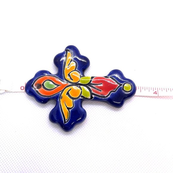 Mexico Talavera Ceramic Hanging Wall Ornament Holy Cross Mini Blue Crucifix Art - Picture 4 of 9